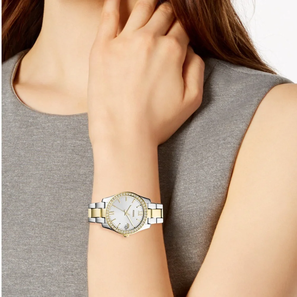 Fossil Scarlette Three-Hand Date Two-Tone Stainless Steel Watch.